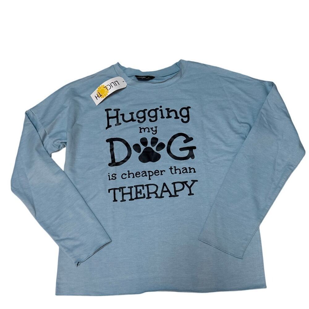 Lilicloth Powder Blue Graphic Pullover Sweatshirt Small Lightweight Raw Hem NEW